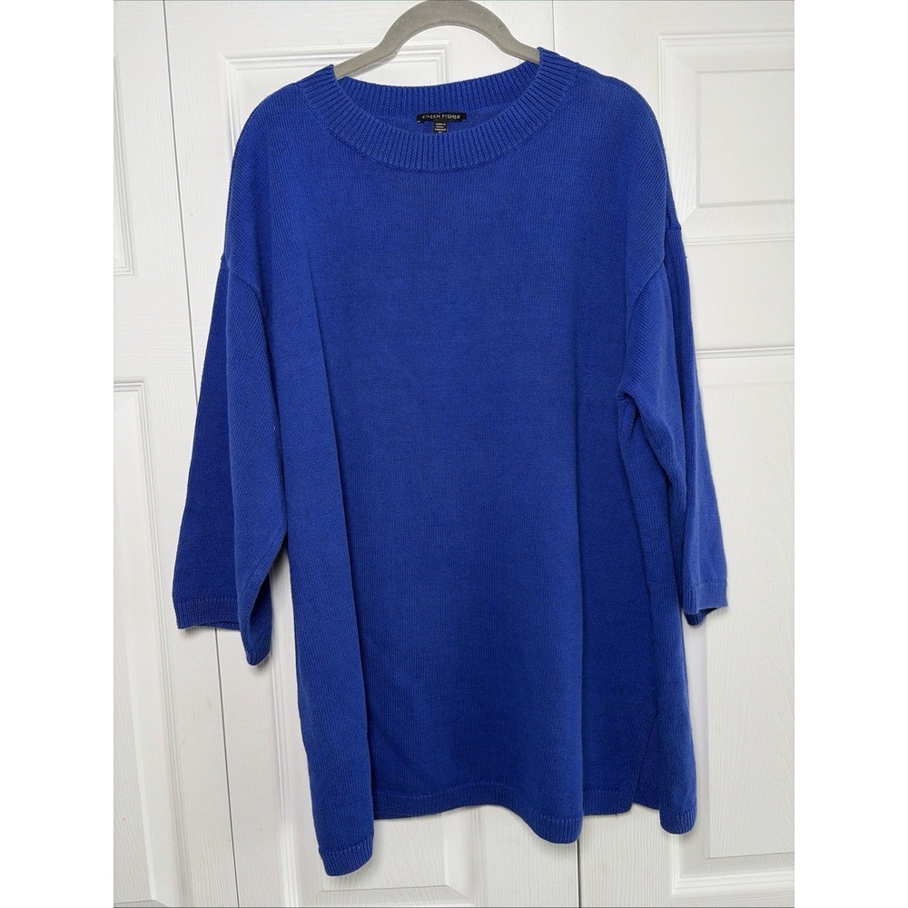 Eileen Fisher Oversized Sweater Womens Size L/XL Blue Linen Cotton Knit Crewneck